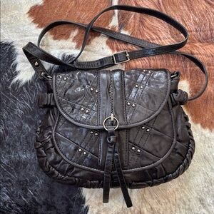Treesje Genuine Leather Black Crossbody Purse Silver Tone Studded Saddle Bag